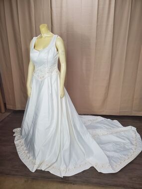 Classic Ivory Satin Wedding Dress with Beaded Waist